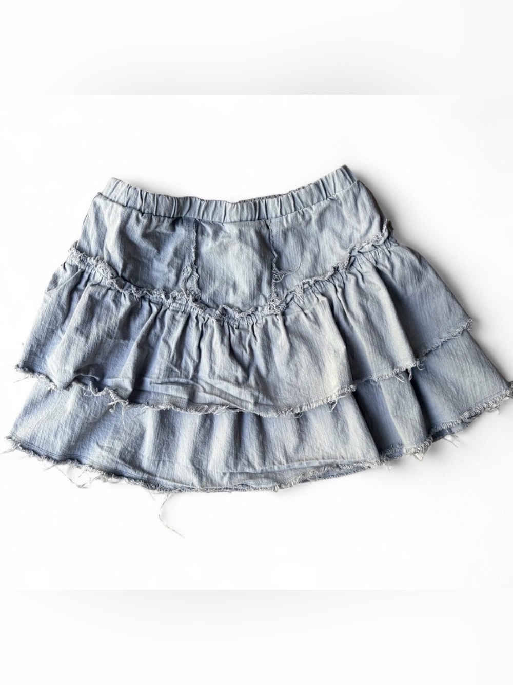 Kirious Los Angeles Frayed Tiered Ruffle Cotton Denim Mini Skirt Washed Gray S